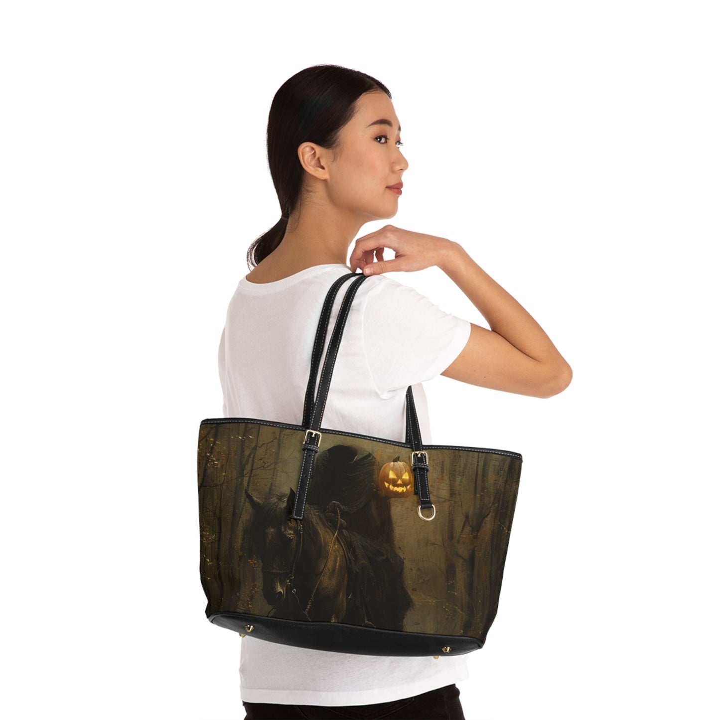 Spooky Halloween PU Leather Shoulder Bag, Eerie Tote, Fall Handbag, Pumpkin and Haunted House Design, Gothic Chic Accessory