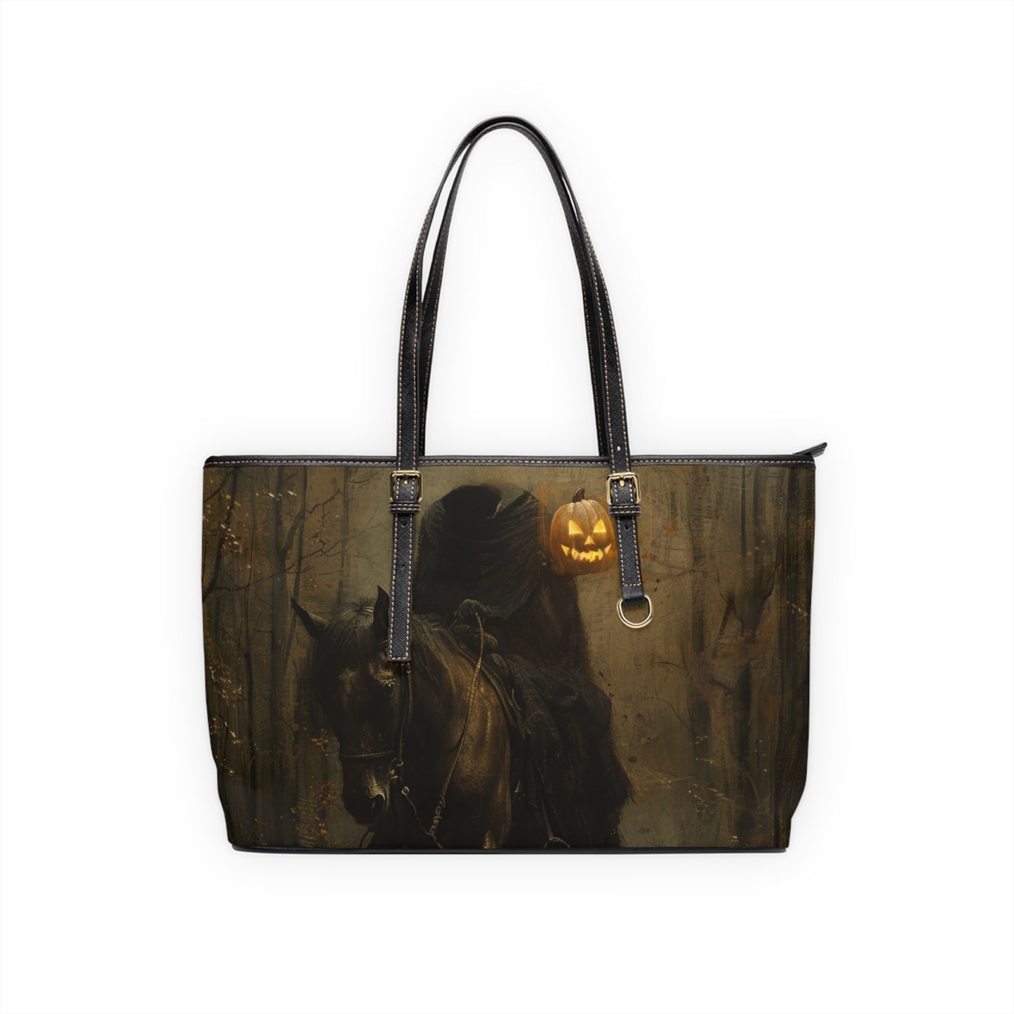 Spooky Halloween PU Leather Shoulder Bag, Eerie Tote, Fall Handbag, Pumpkin and Haunted House Design, Gothic Chic Accessory
