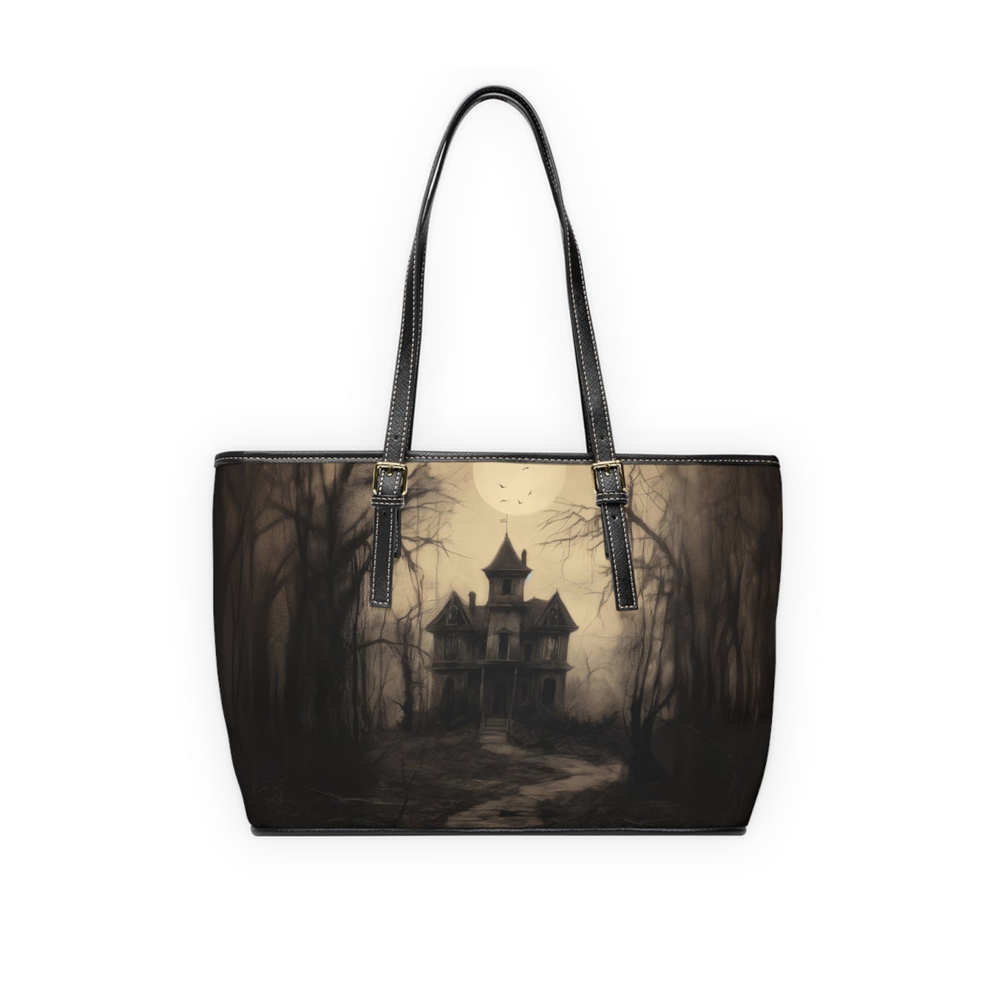 Spooky Halloween PU Leather Shoulder Bag, Eerie Tote, Fall Handbag, Pumpkin and Haunted House Design, Gothic Chic Accessory