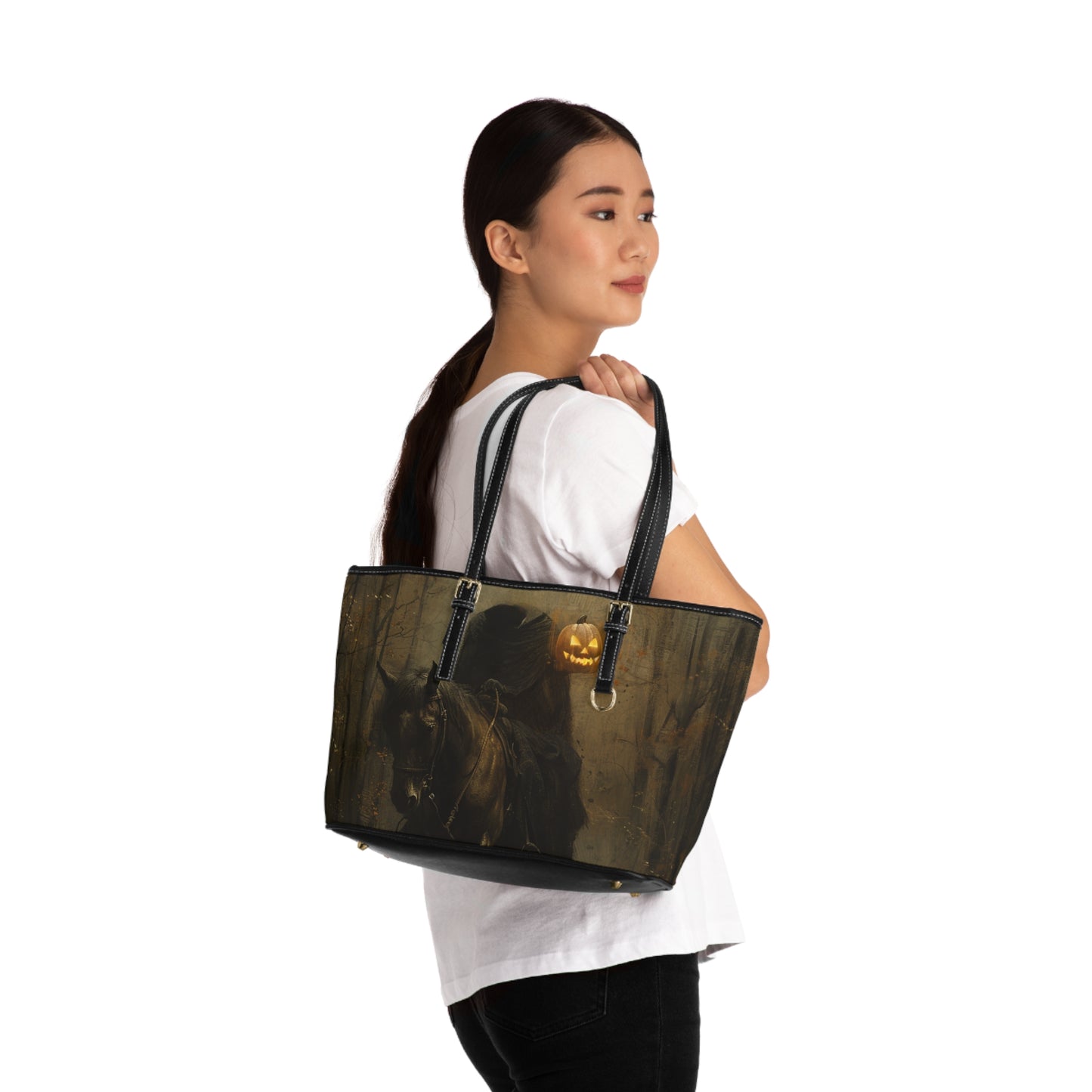 Spooky Halloween PU Leather Shoulder Bag, Eerie Tote, Fall Handbag, Pumpkin and Haunted House Design, Gothic Chic Accessory