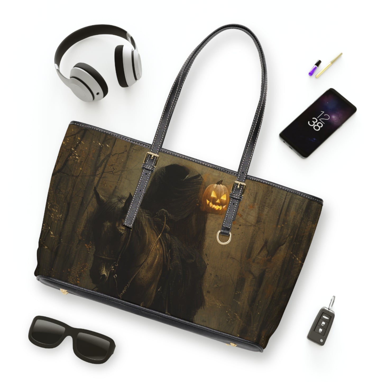 Spooky Halloween PU Leather Shoulder Bag, Eerie Tote, Fall Handbag, Pumpkin and Haunted House Design, Gothic Chic Accessory