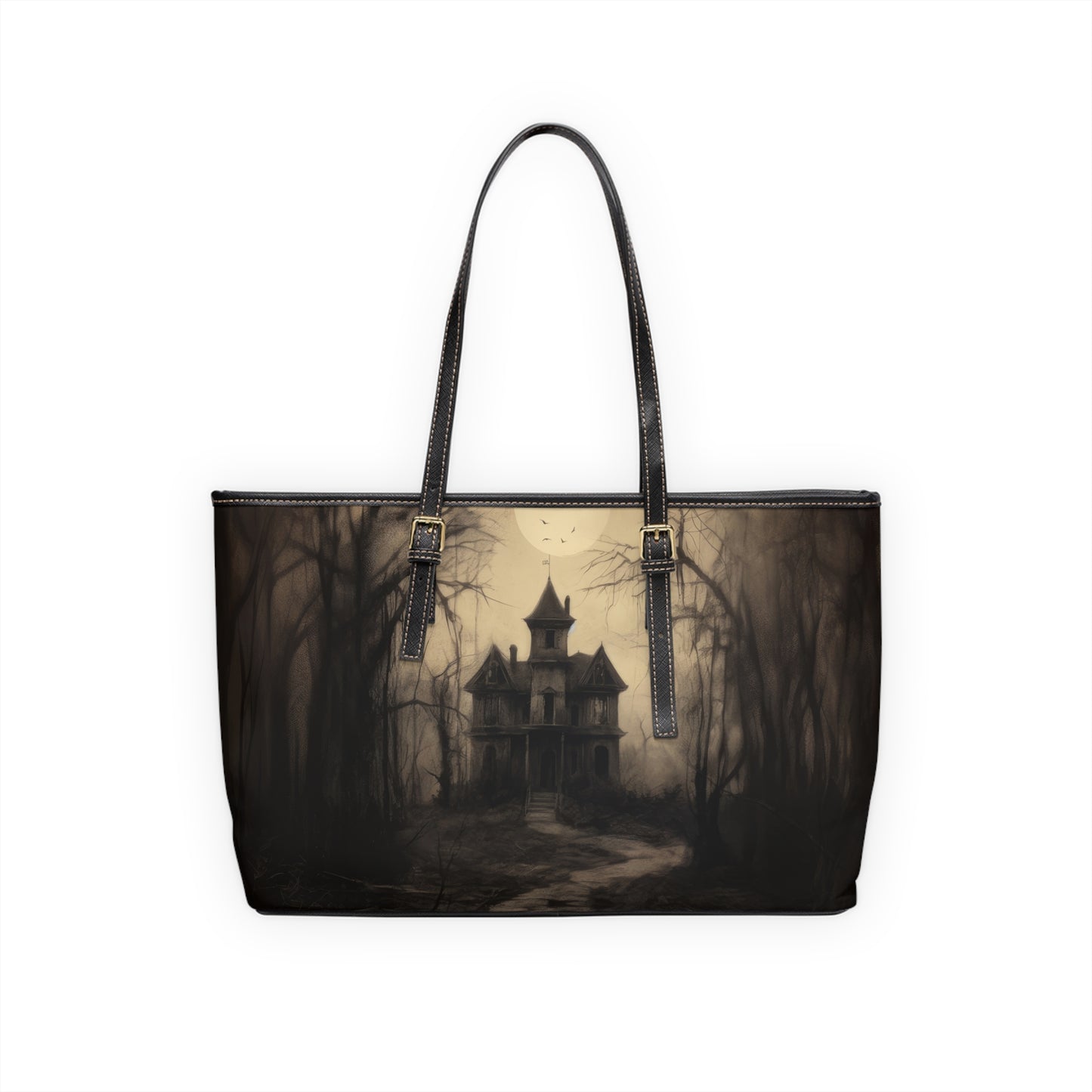 Spooky Halloween PU Leather Shoulder Bag, Eerie Tote, Fall Handbag, Pumpkin and Haunted House Design, Gothic Chic Accessory