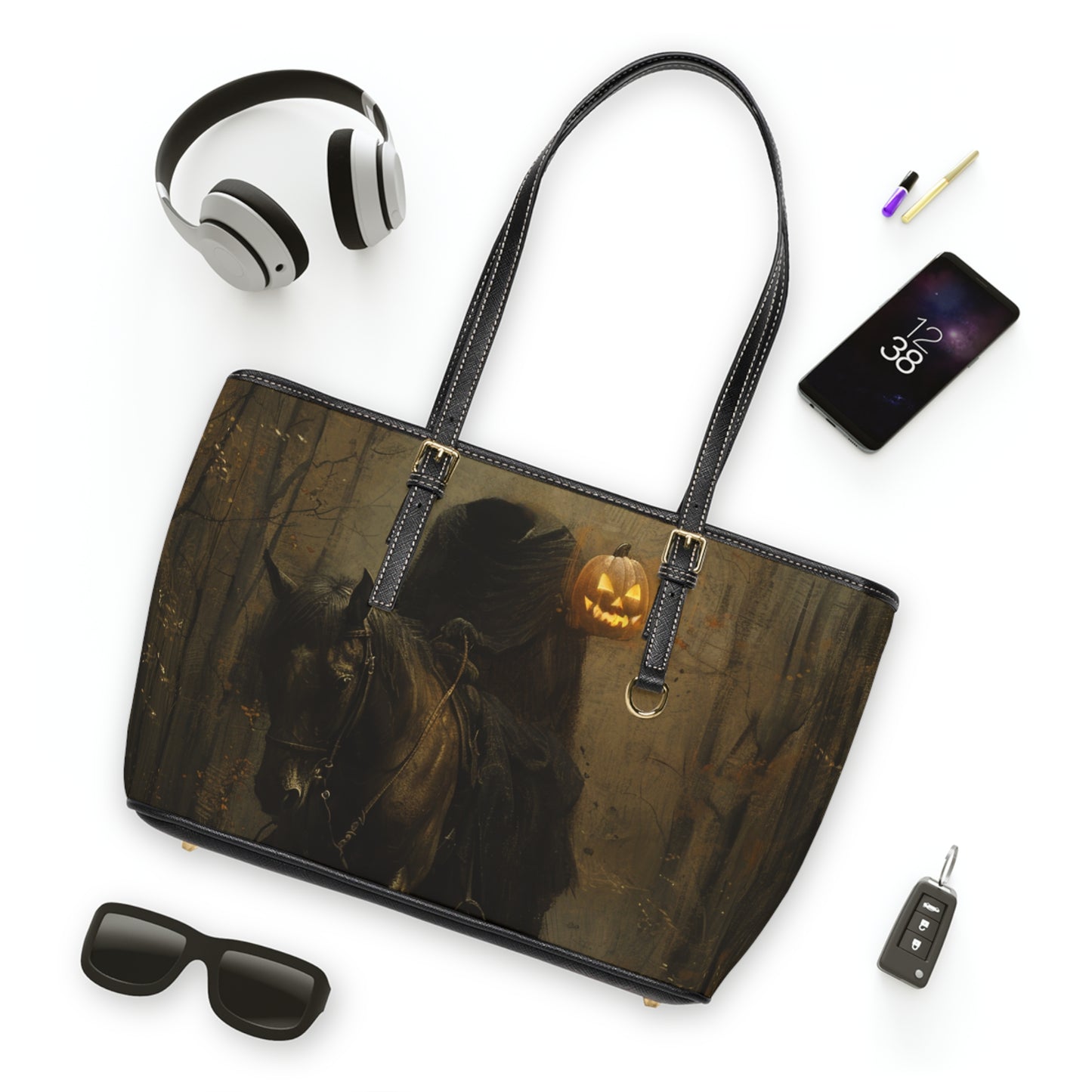 Spooky Halloween PU Leather Shoulder Bag, Eerie Tote, Fall Handbag, Pumpkin and Haunted House Design, Gothic Chic Accessory