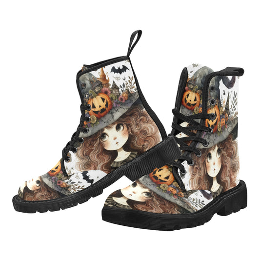 Women's Lace Up Canvas Boots - Witch Design