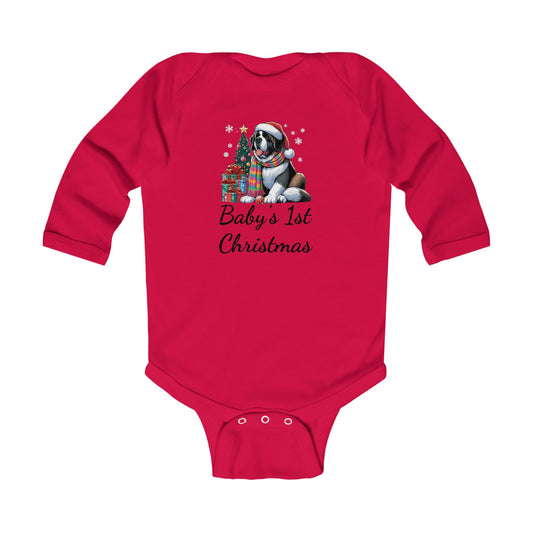 Baby's 1st Christmas Long Sleeve Bodysuit - Cute St. Bernard Infant Outfit
