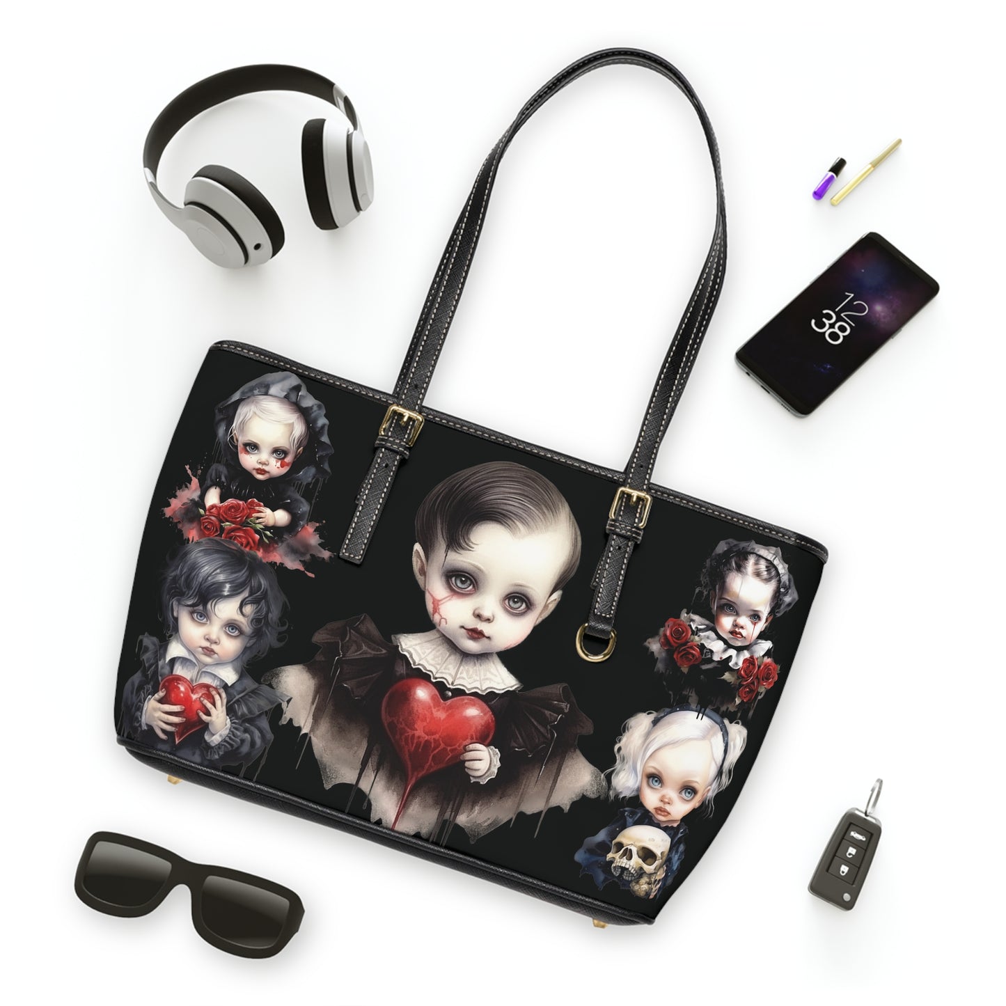 Gothic PU Leather Shoulder Bag with Dark Children