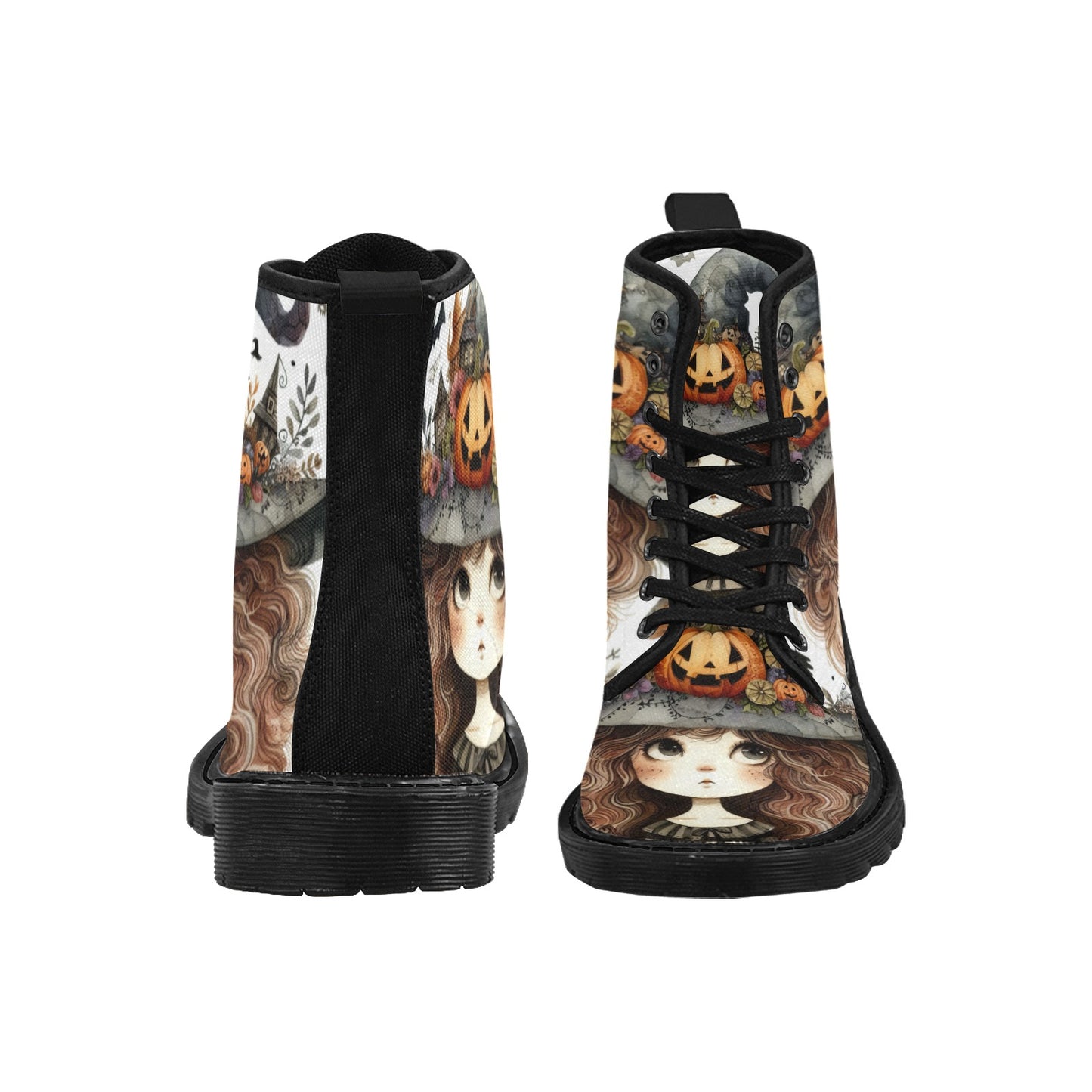 Women's Lace Up Canvas Boots - Witch Design
