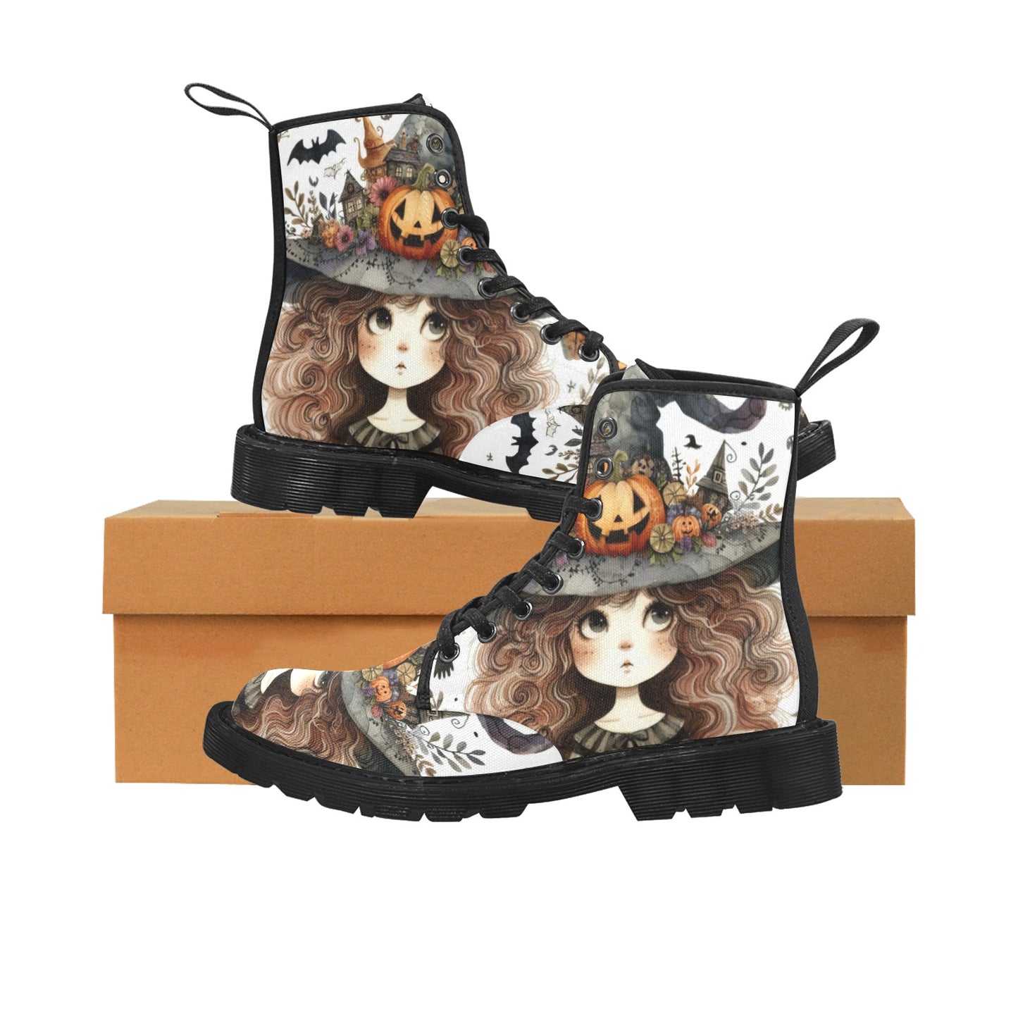 Women's Lace Up Canvas Boots - Witch Design