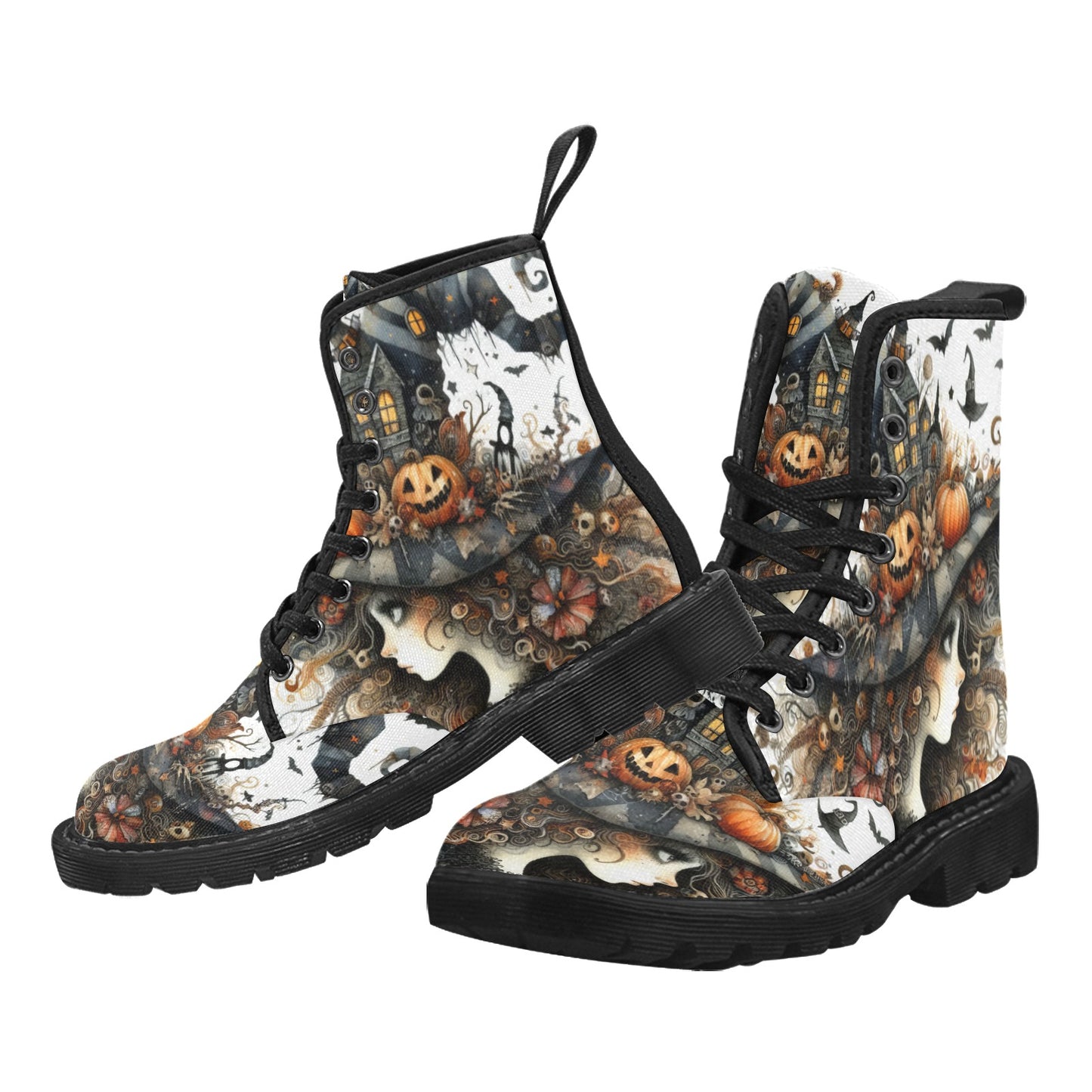 Women's Lace Up Canvas Boots - Witch Design