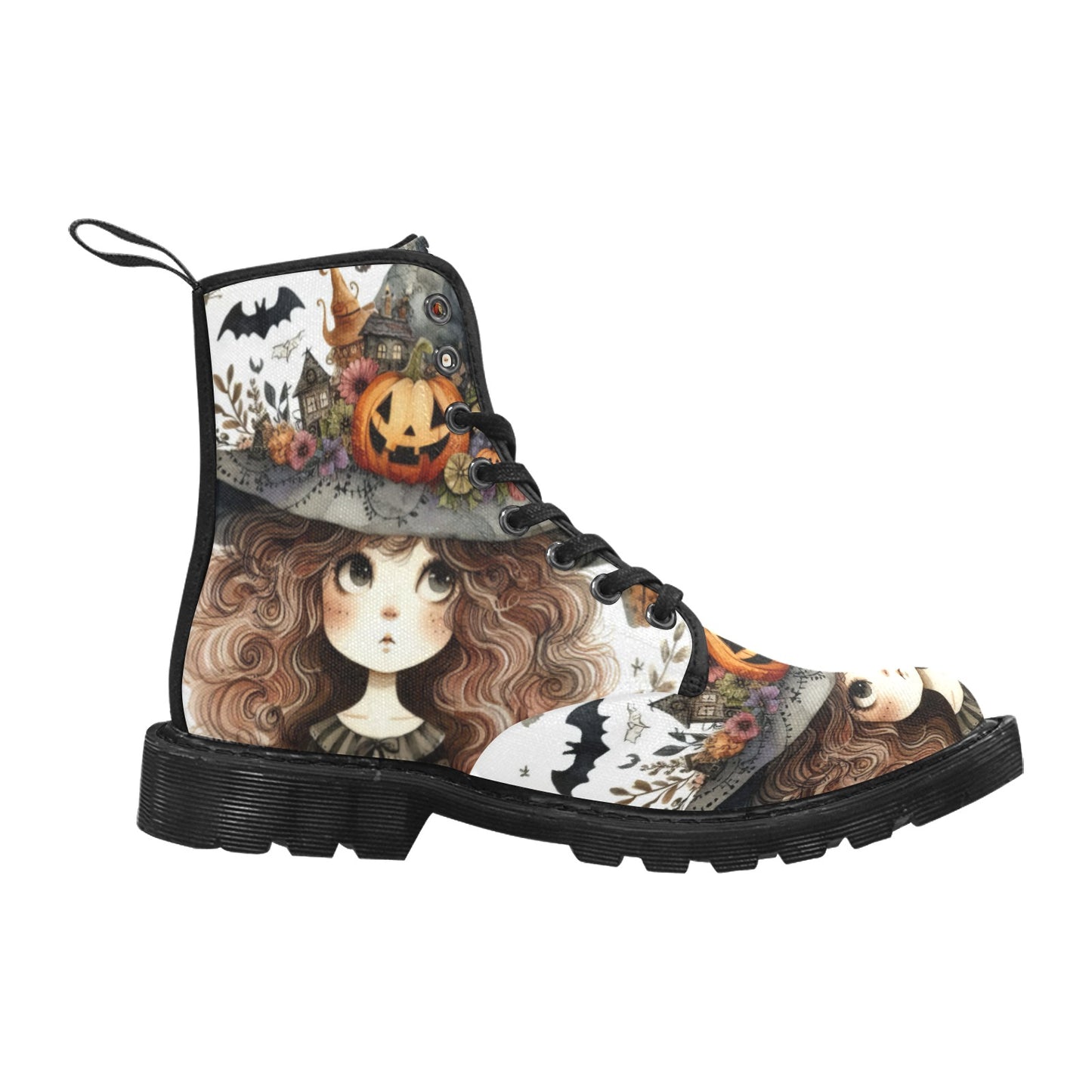 Women's Lace Up Canvas Boots - Witch Design