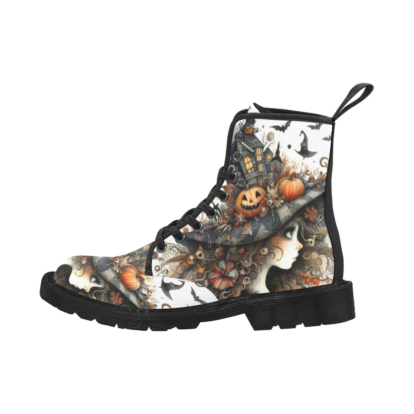 Women's Lace Up Canvas Boots - Witch Design