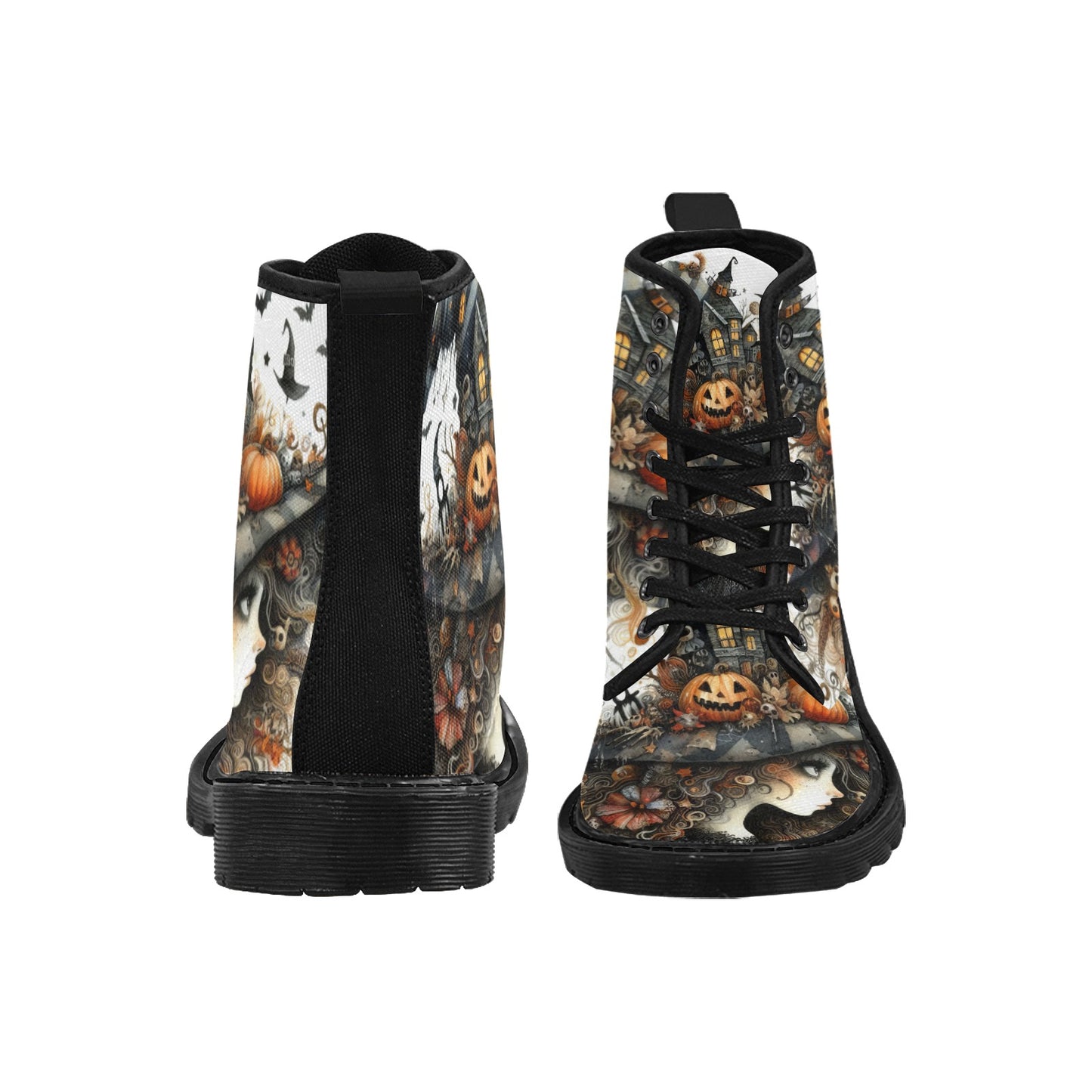 Women's Lace Up Canvas Boots - Witch Design