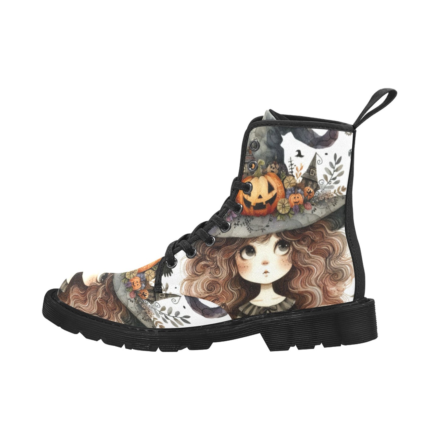 Women's Lace Up Canvas Boots - Witch Design