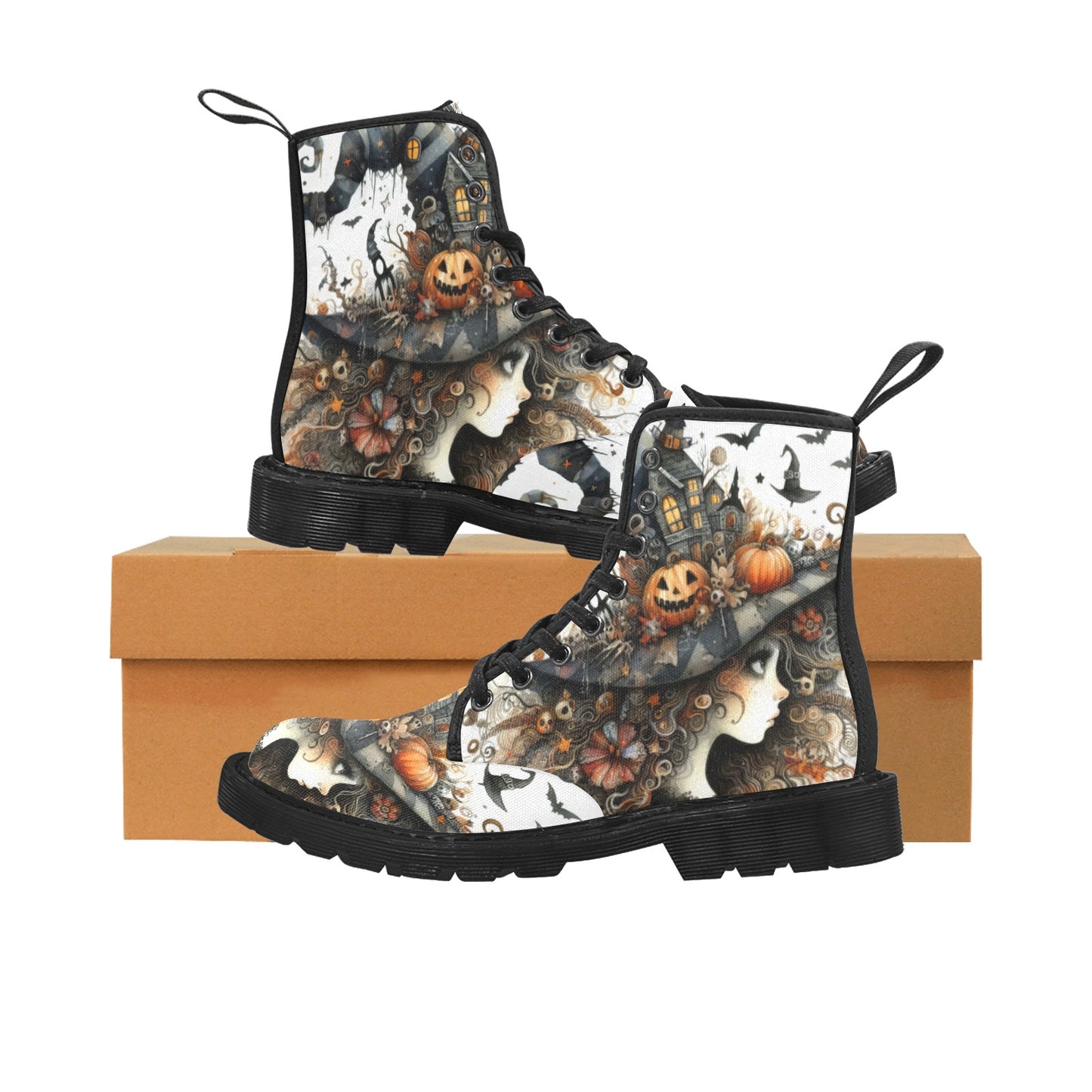 Women's Lace Up Canvas Boots - Witch Design