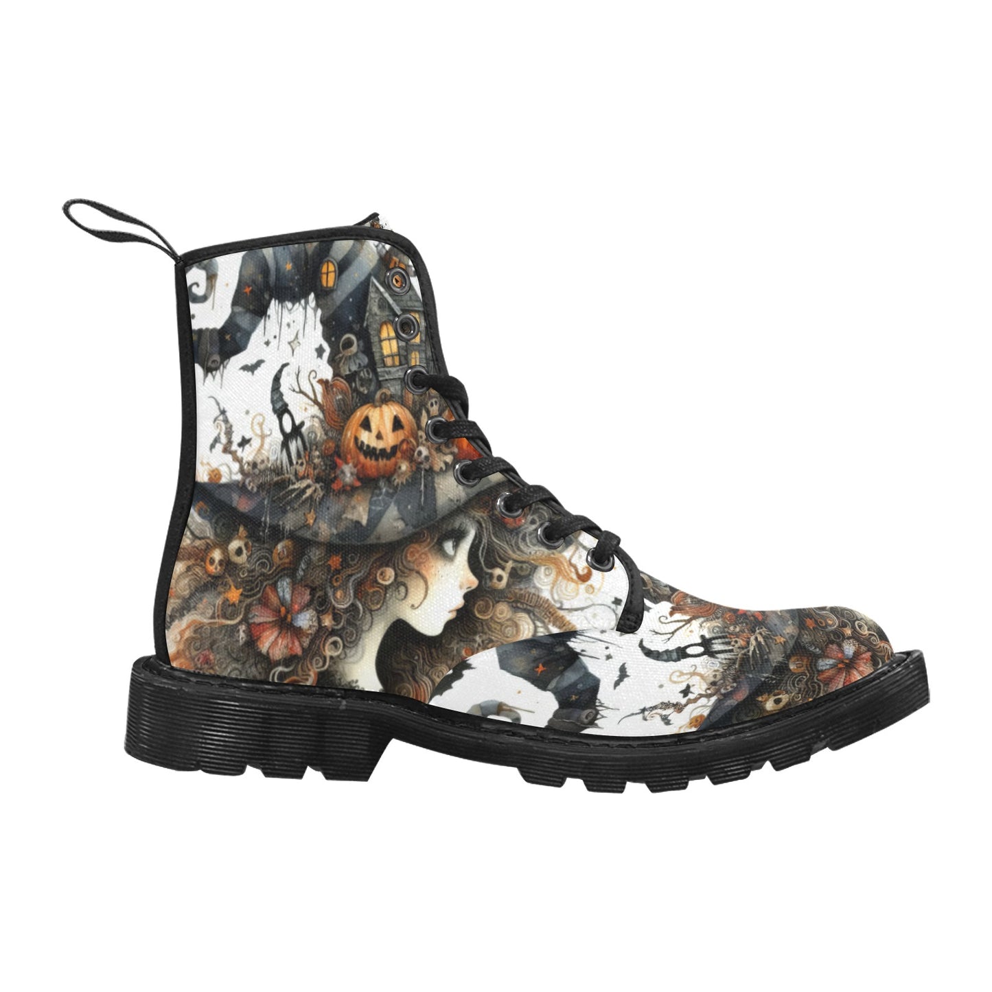 Women's Lace Up Canvas Boots - Witch Design